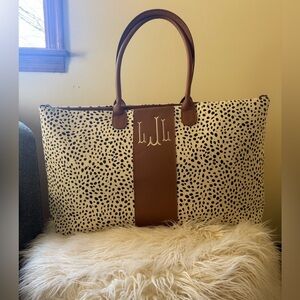 Marleylilly Monogrammed Dalmatian Print Tote with Brown Faux Leather Trim